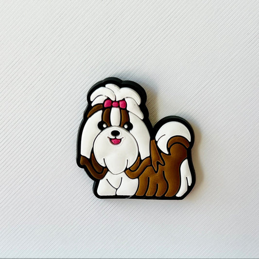A cute, cartoonish Shih Tzu with a pink bow, featuring brown and white fur, on a textured white background.