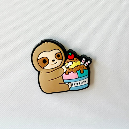 A cute sloth joyfully holding a colorful dessert topped with cherry and candy, set against a textured white background.