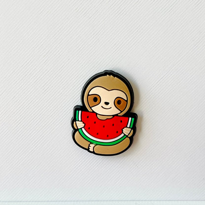 A cheerful sloth holds a large slice of watermelon against a textured white background.