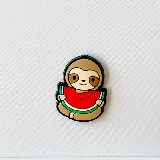 A cheerful sloth holds a large slice of watermelon against a textured white background.