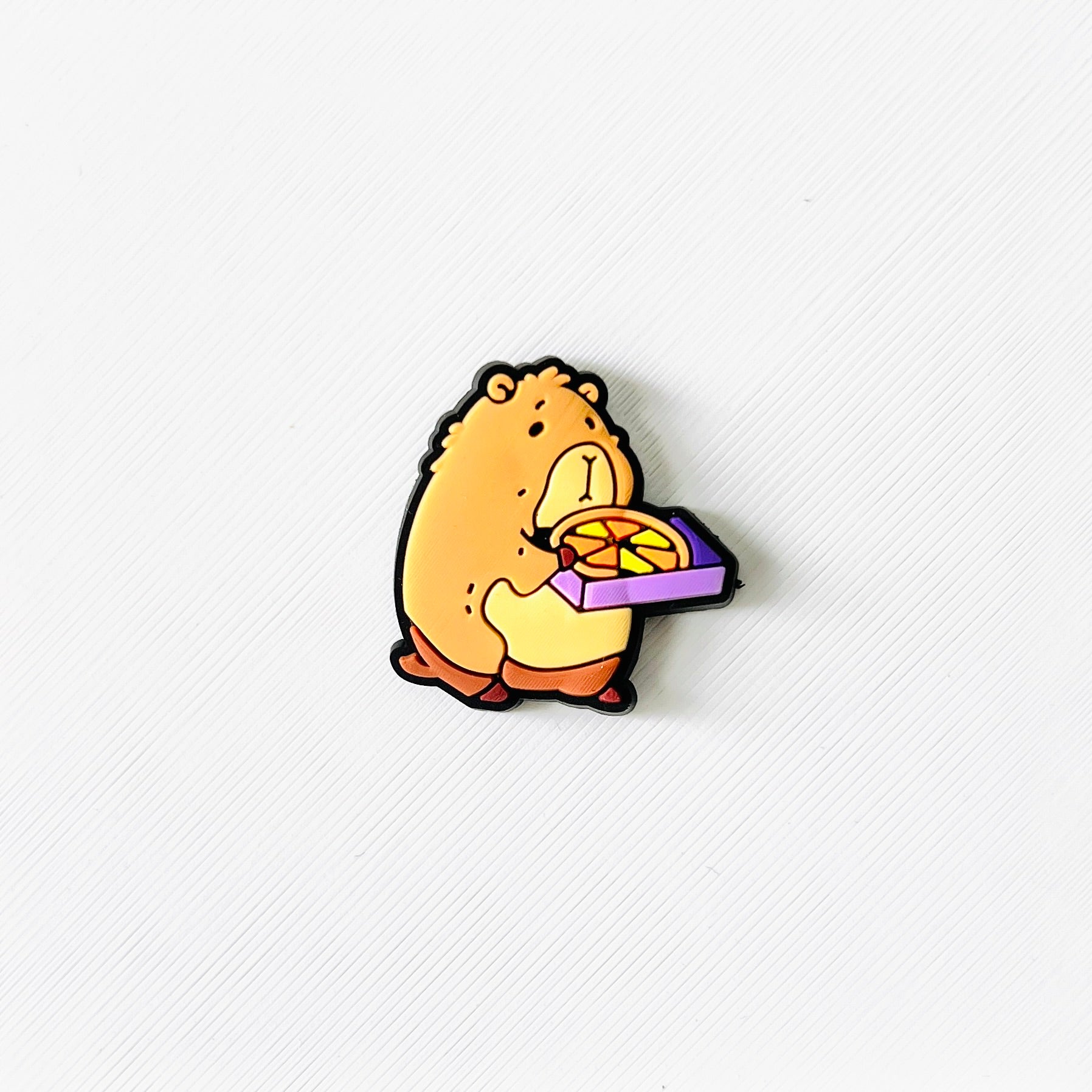 Adorable capybara holding a slice of pizza in a purple box, perfect for adding whimsy to your footwear.