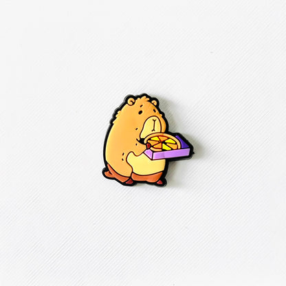 Adorable capybara holding a slice of pizza in a purple box, perfect for adding whimsy to your footwear.