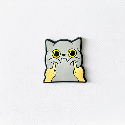 Adorable grey cat charm with squishy cheeks, featuring yellow eyes and playful hands poking its cheeks, perfect for shoe deco