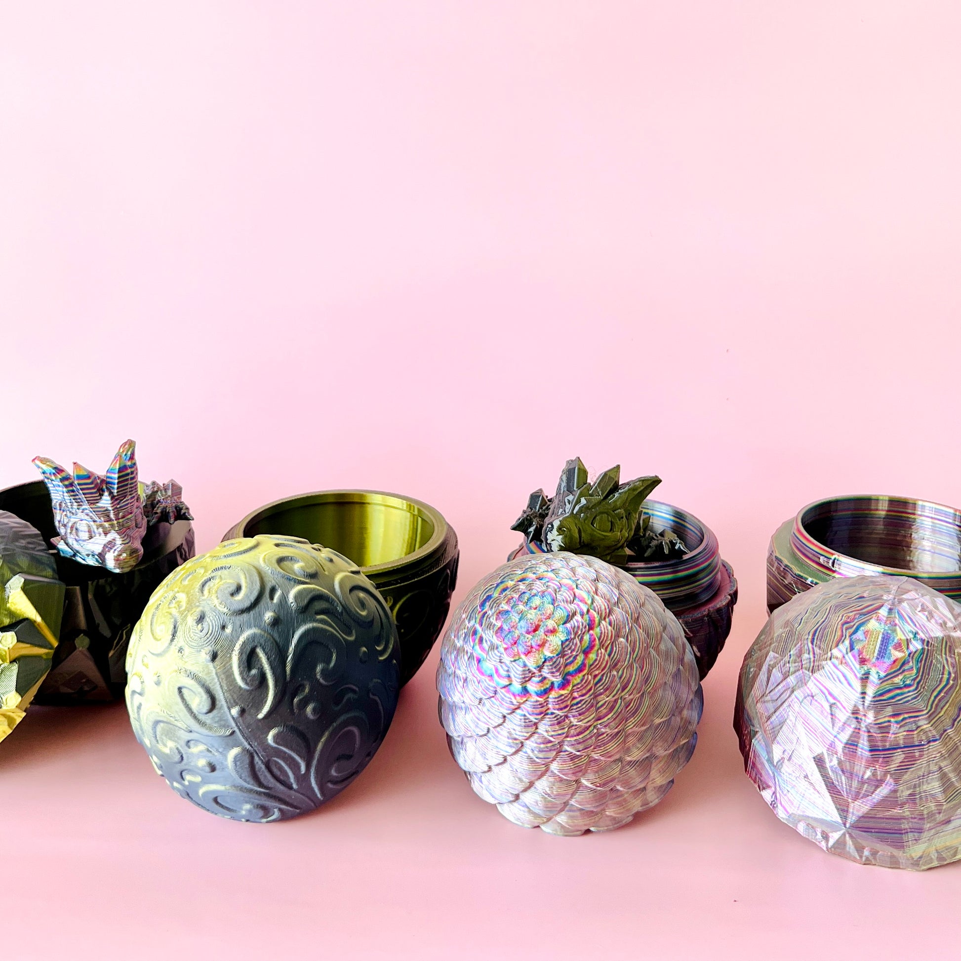 Colorful, intricately designed eggs with various textures and patterns, perfect for housing a dragon companion.