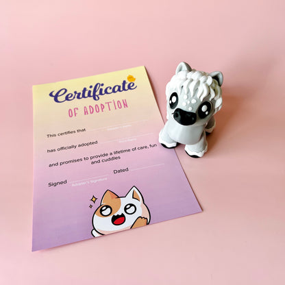A cute cartoon-like figure beside a colorful adoption certificate on a soft pink background.
