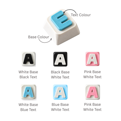 Fidget clicker letter keycap colour options: white, black, pink and blue bases with contrasting letters
