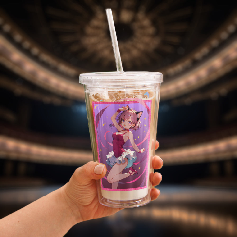 Adorable tumbler featuring a ballet girl with pink and purple streamers, perfect for dance enthusiasts on the go.