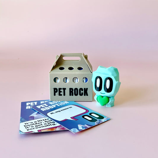 A quirky light blue figure with large eyes and a heart, alongside a gray box labeled "PET ROCK" and colorful adoption cards.
