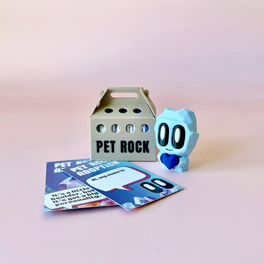 A pastel blue figure with a heart, next to a small carrier labeled "PET ROCK" and colorful adoption cards.