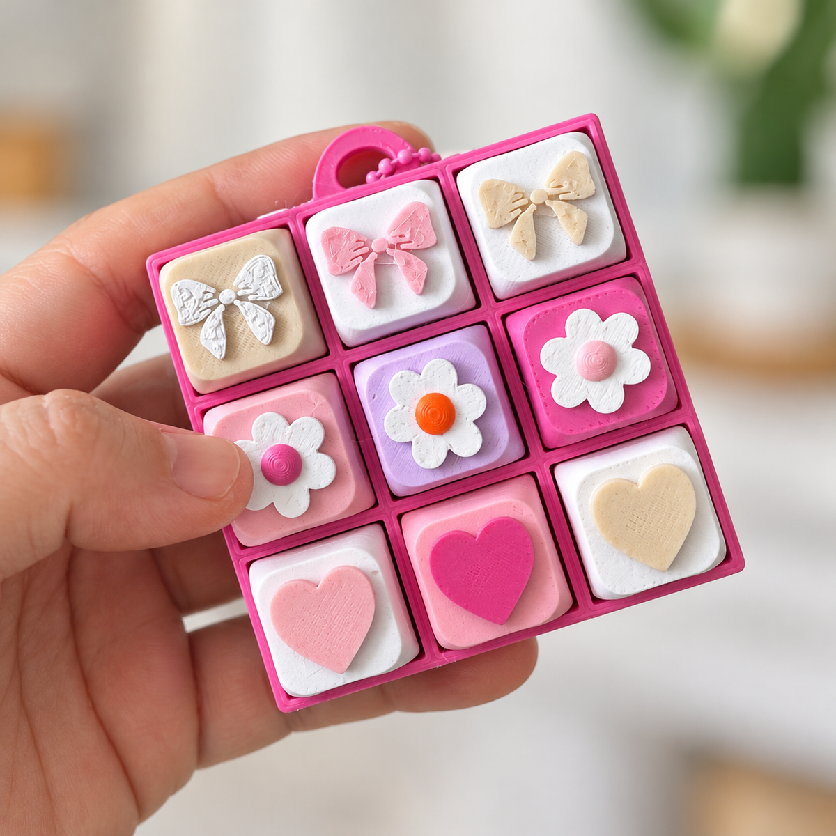 9 Key Fidget Clicker Square, 3D printed fidget clicker in pink with bow, daisy and heart keycaps, held in hand