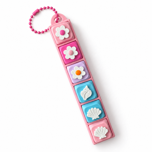 6 Key Fidget Clicker, 3D printed fidget clicker in pink with flower and shell keycaps
