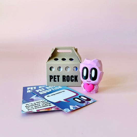 A cute pink character with big eyes and a heart stands beside a small carrier labeled "PET ROCK" and colorful cards.