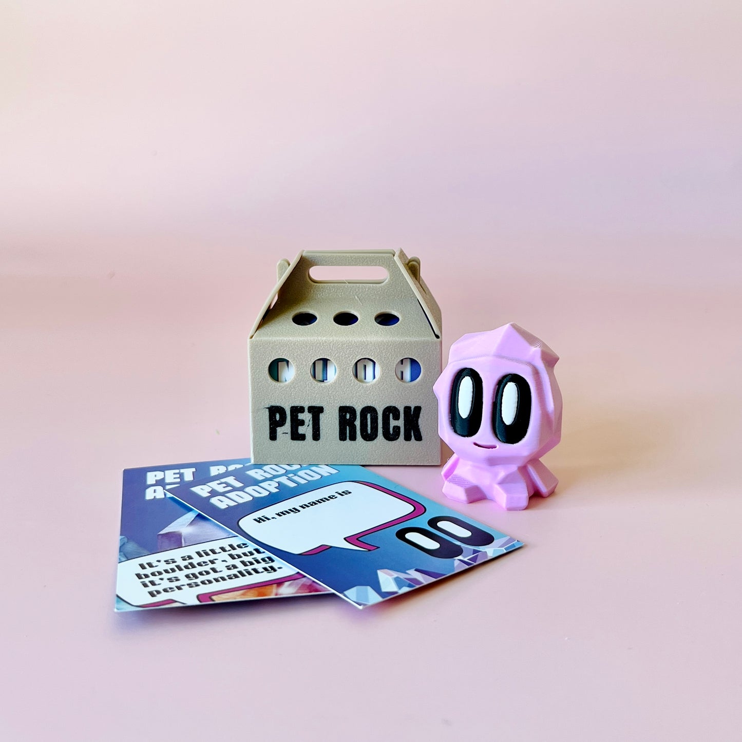 A playful pink figure with large eyes beside a box labeled "PET ROCK" and colorful adoption cards on a soft backdrop.