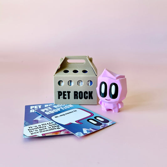 A pastel pink character with large eyes stands beside a "PET ROCK" carrier and colorful adoption cards on a soft background.