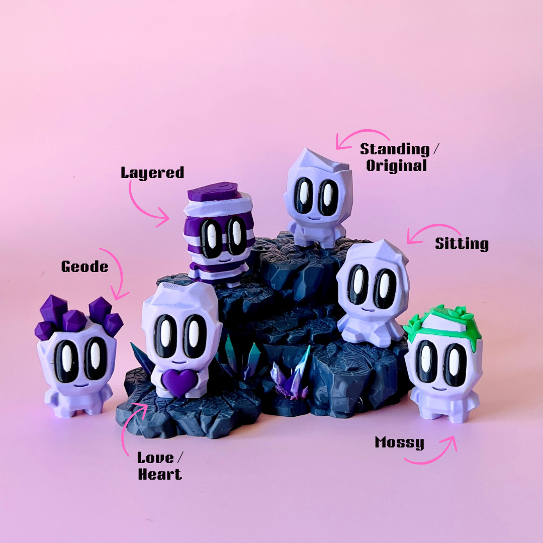 Colorful characters with large eyes on dark rocky terrain, surrounded by vibrant crystals against a soft pink backdrop.