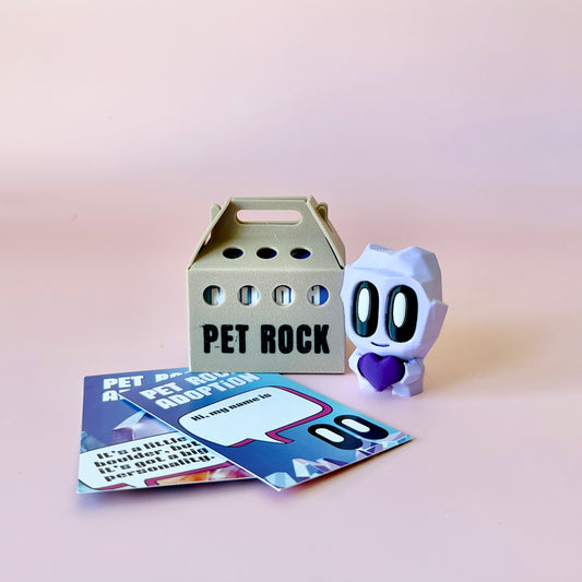 A whimsical character with large eyes and a purple heart stands beside a playful carrier labeled "PET ROCK."