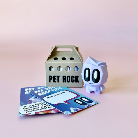 A playful purple character stands beside a beige box labeled "PET ROCK" with adoption cards on a soft pink background.