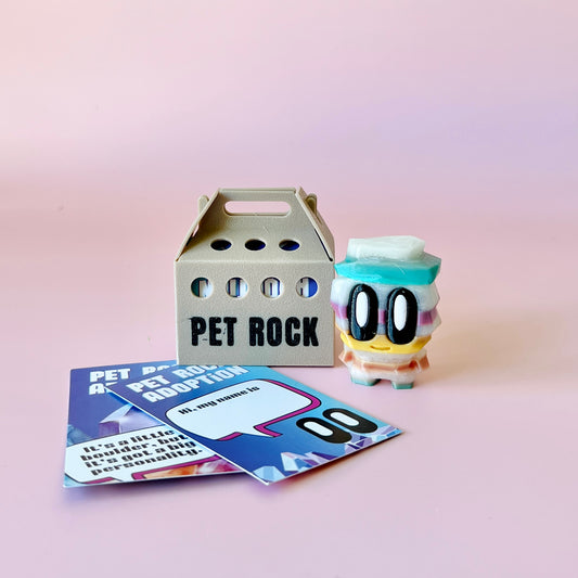 Colorful layered figure beside a gray carrier labeled "PET ROCK," with adoption cards on a soft pink background.