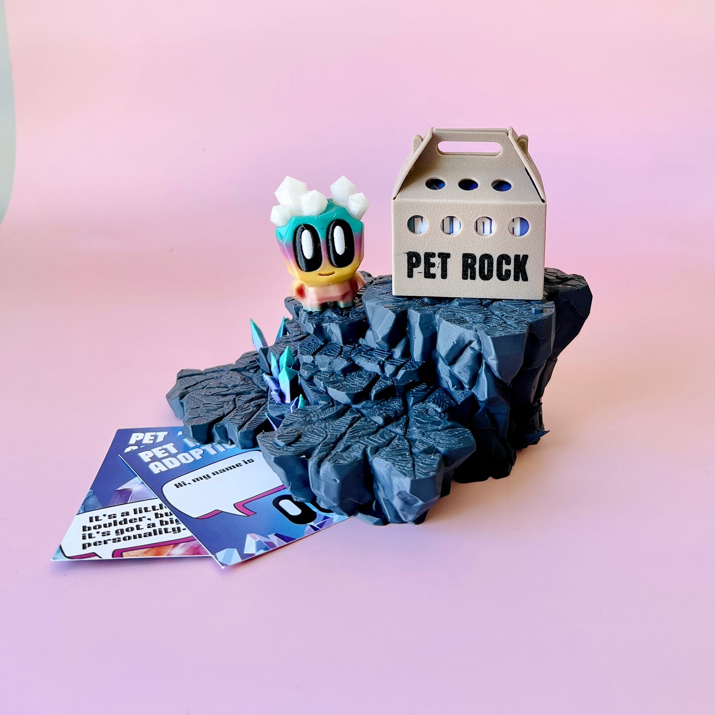 A colorful creature with large eyes sits on a rocky base beside a "PET ROCK" box and adoption cards, set against pink.