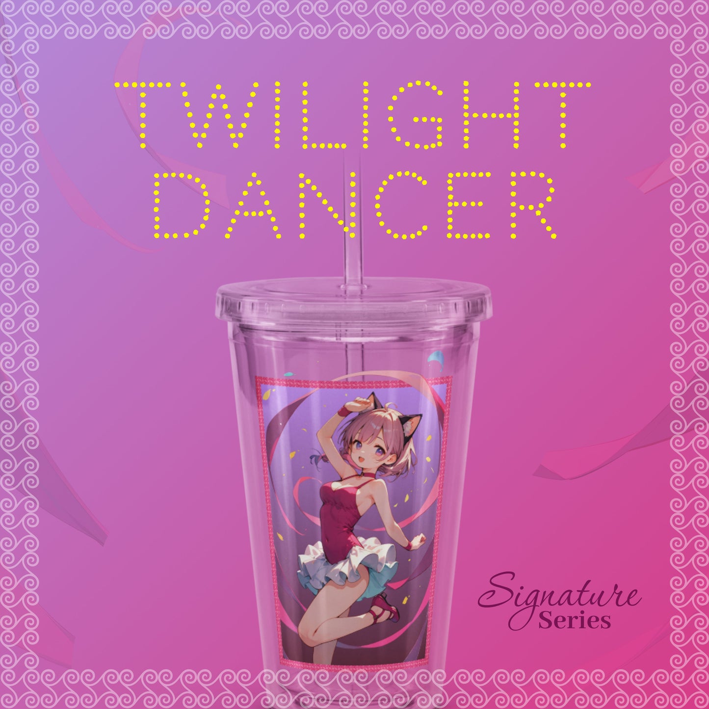 Adorable ballet dancer in pink and purple, surrounded by streamers, featured on a stylish 16oz tumbler with straw.