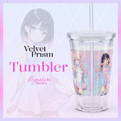 Acrylic tumbler featuring vibrant anime K-pop characters Mika, Luna, and Aiko. Perfect for stylish hydration on the go!