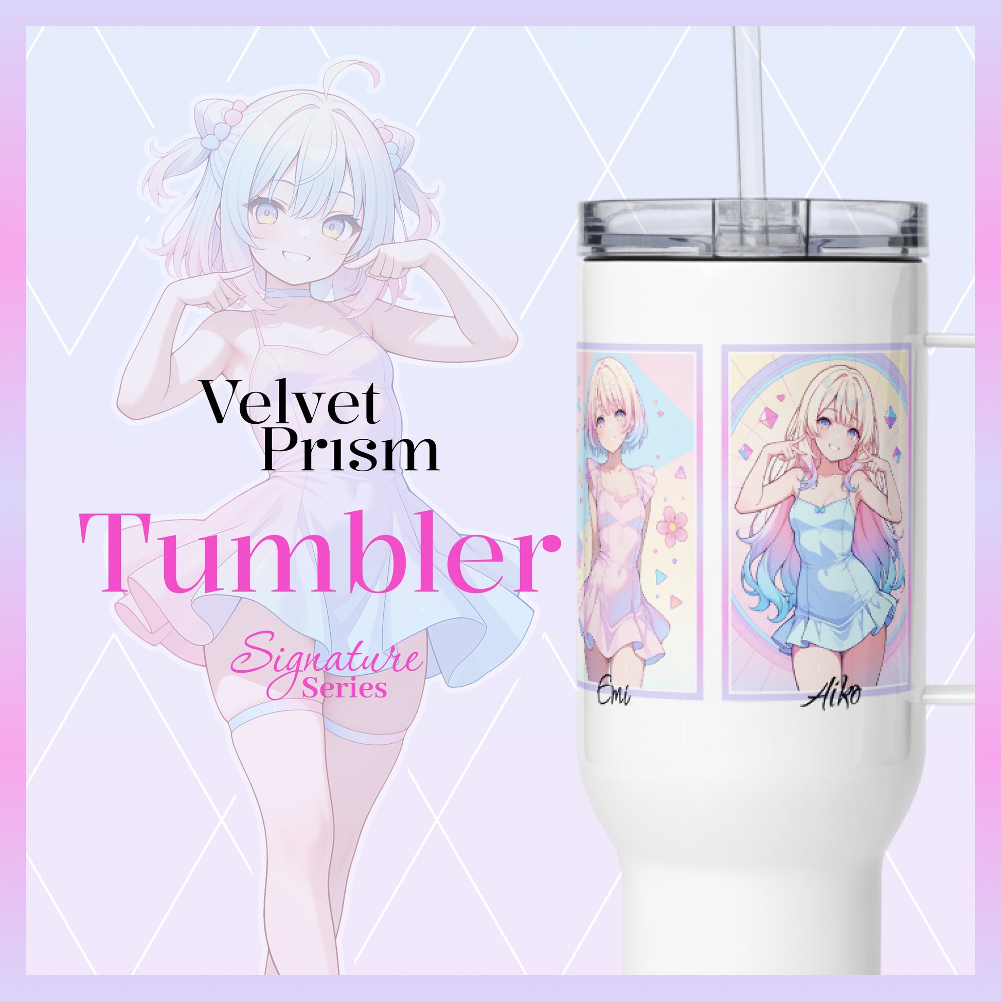 Sleek travel mug featuring vibrant anime characters Emi and Aiko, perfect for K-pop fans on the go.