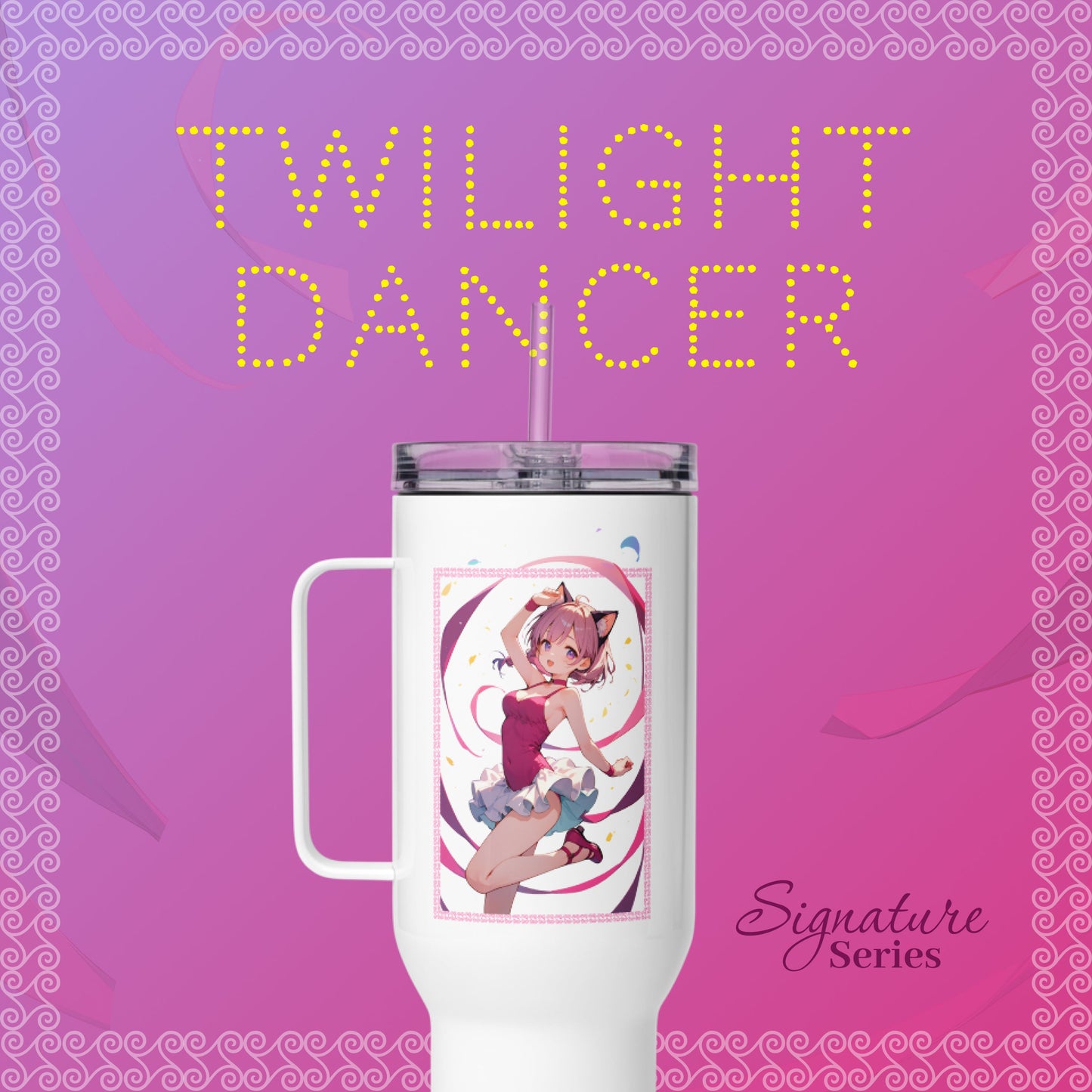 Adorable ballet girl tumbler in pinks and purples, featuring a charming dancer and a convenient straw for on-the-go enjoyment