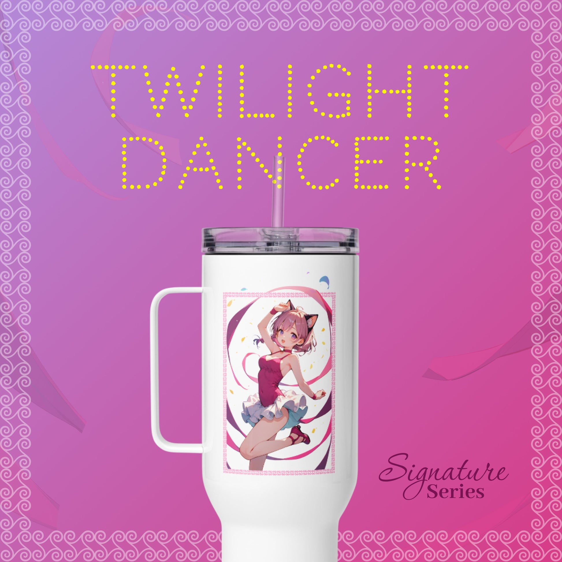 Adorable ballet girl tumbler in pinks and purples, featuring a charming dancer and a convenient straw for on-the-go enjoyment