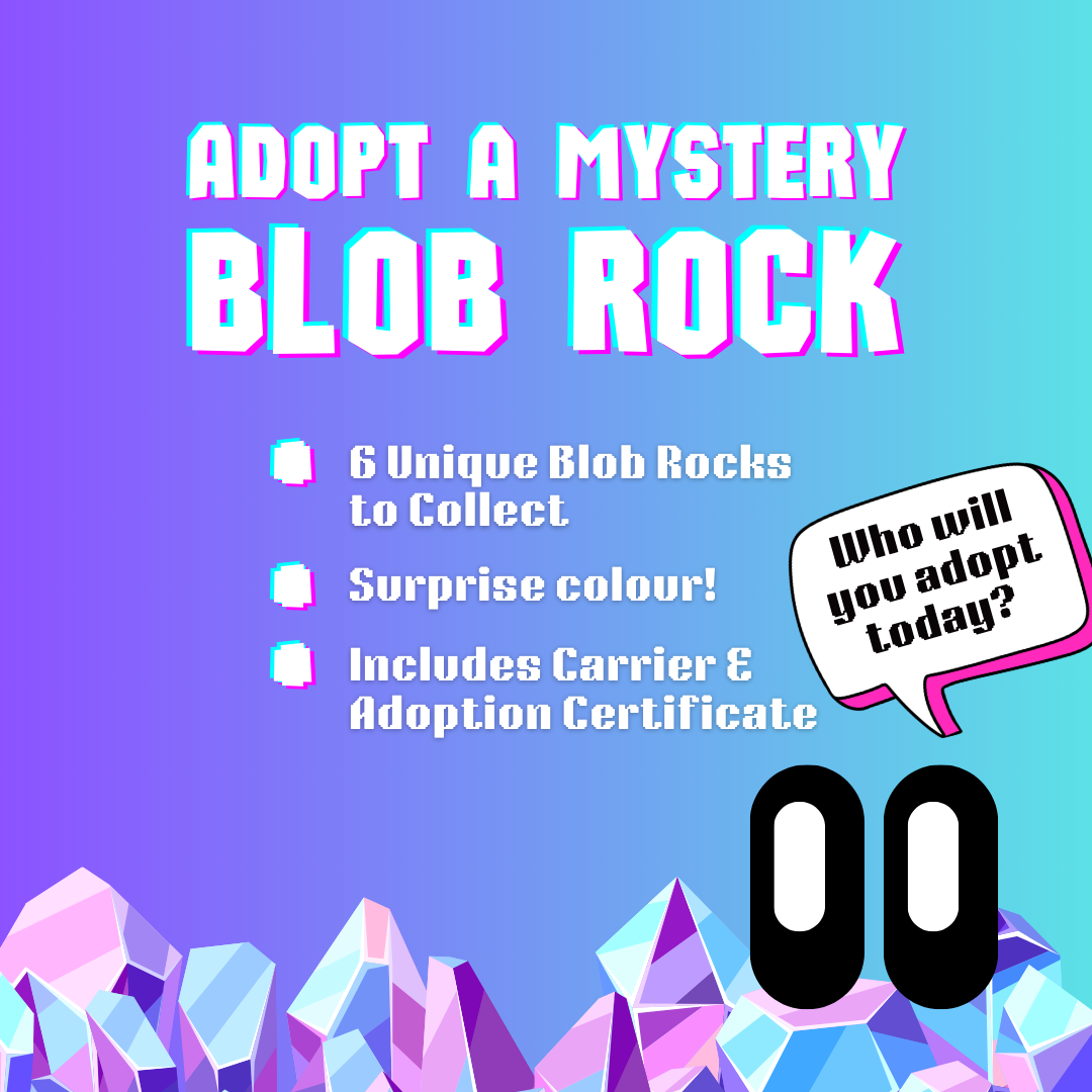 Colorful text invites adoption of unique blob rocks, featuring vibrant gradients and playful speech bubbles.