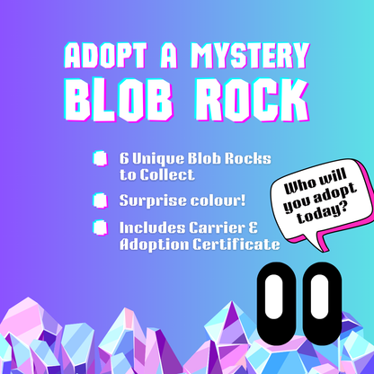 Colorful text invites adoption of unique blob rocks, featuring vibrant gradients and playful speech bubbles.