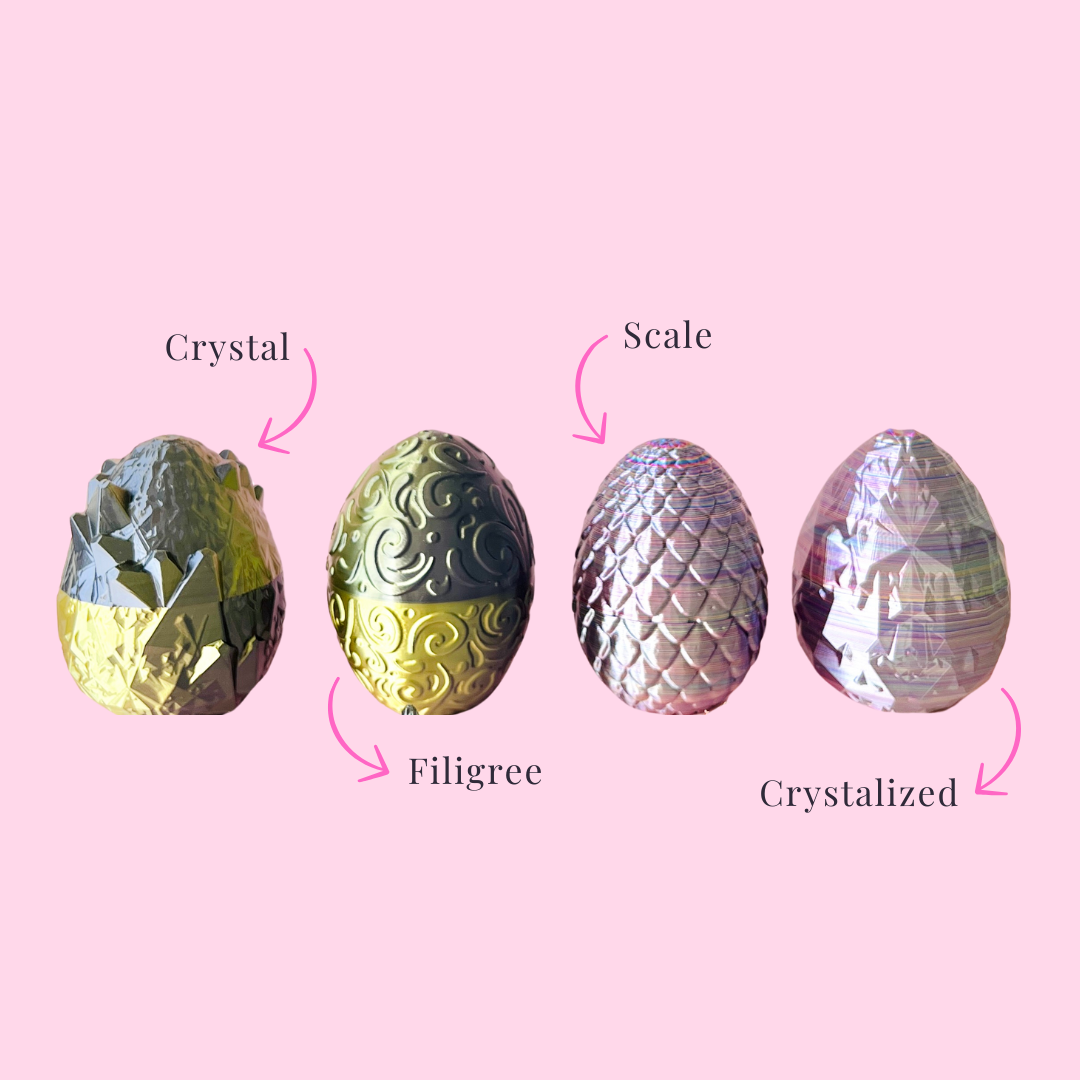 Four unique egg styles for the Crystal Wolf Dragon Tadling: Crystal, Scale, Filigree, and Crystallized, on a pink background.