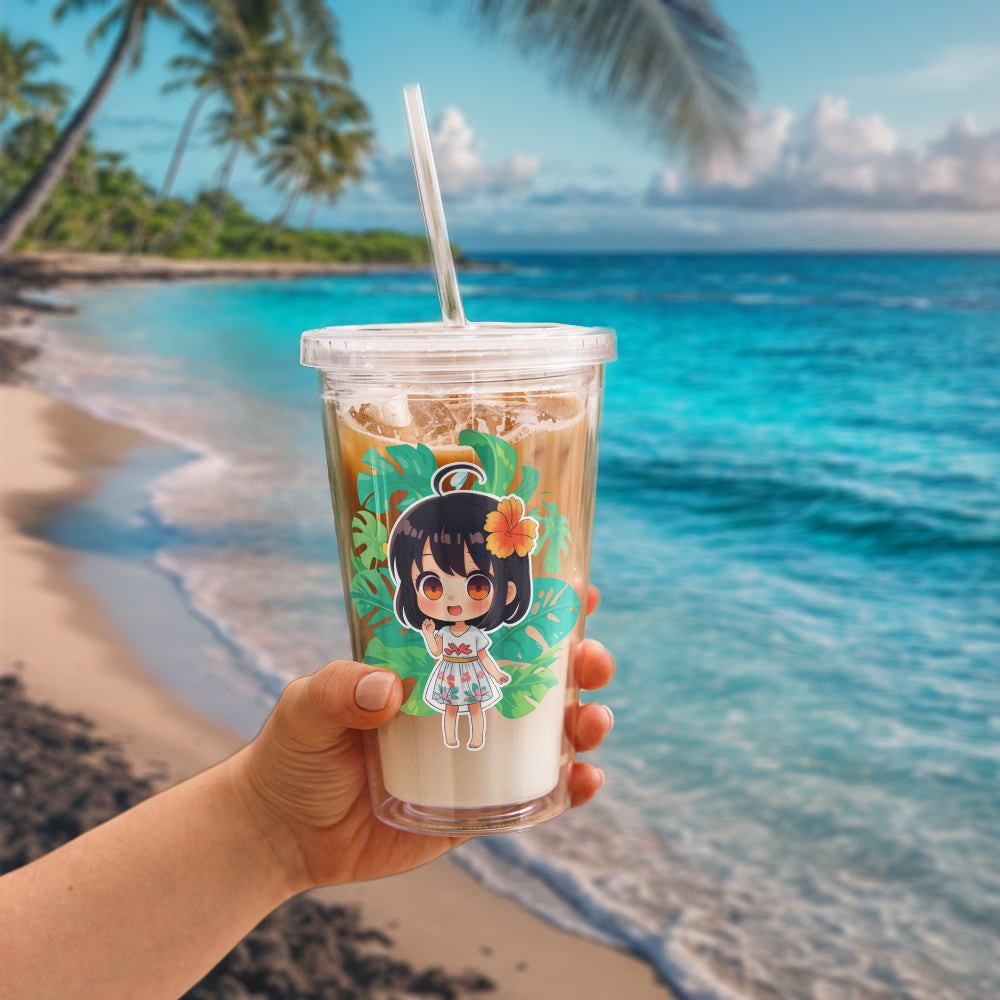 Tropical tumbler featuring a cute chibi character with a flower, set against a stunning beach backdrop. Perfect for summer si