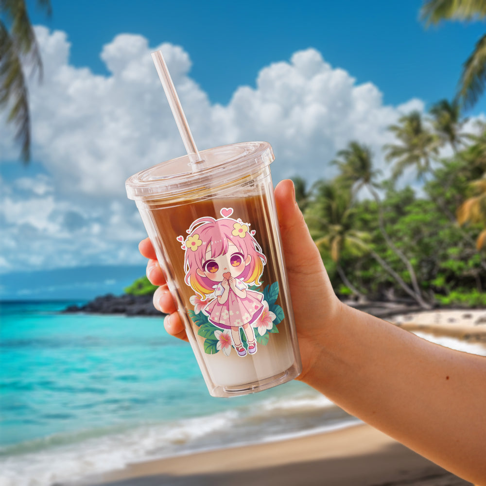 A hand holds a tropical-themed tumbler featuring a cute chibi character, set against a sunny beach backdrop.