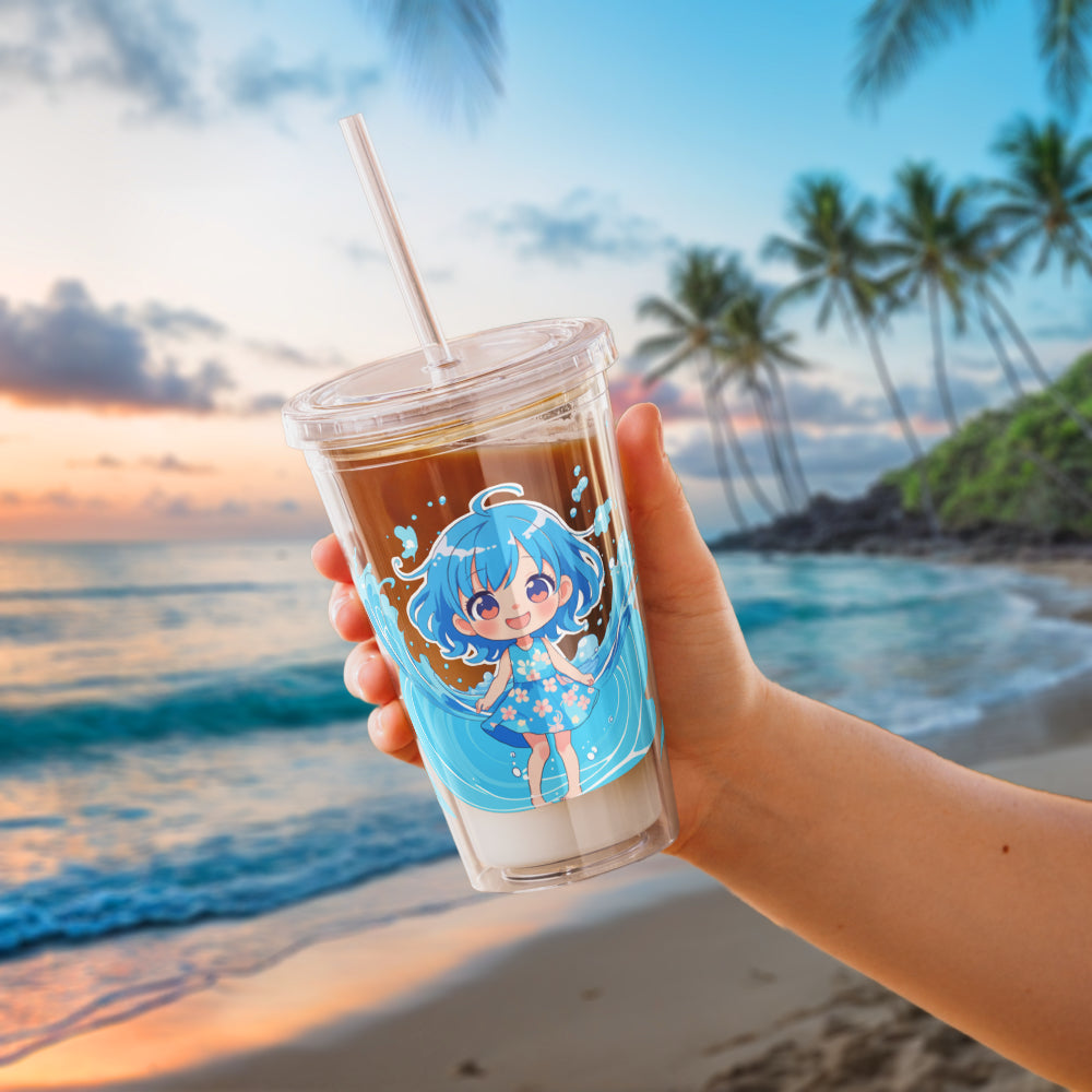 A hand holds a tropical tumbler featuring a cute character with blue hair, set against a beach sunset and palm trees.