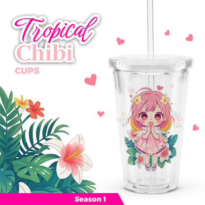 Kawaii tropical tumbler featuring a cute character with pink hair and floral accents, surrounded by vibrant leaves and hearts