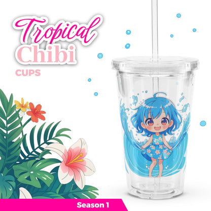 Adorable tumbler showcasing a cheerful character in a floral dress, surrounded by tropical leaves and playful water splashes.
