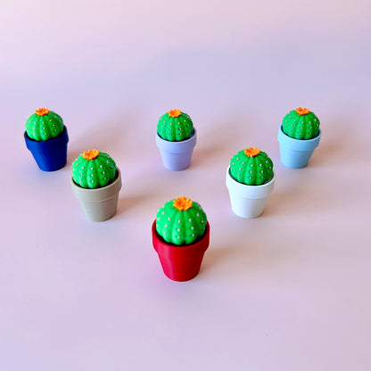 Colorful miniature cacti in various pots, featuring vibrant green tops and bright orange flowers against a soft background.