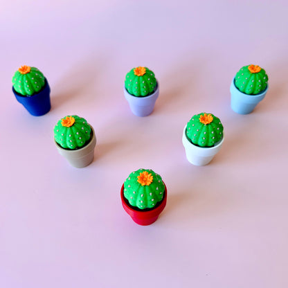 Colorful mini cacti in various pots, showcasing vibrant green textures and bright orange flowers on a soft pink background.