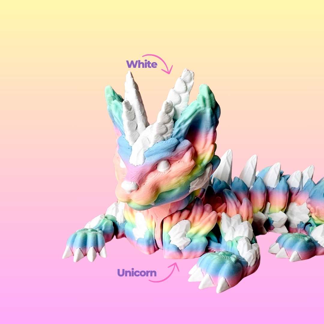 Colorful creature with rainbow hues and sharp white spikes, set against a soft pastel gradient background.