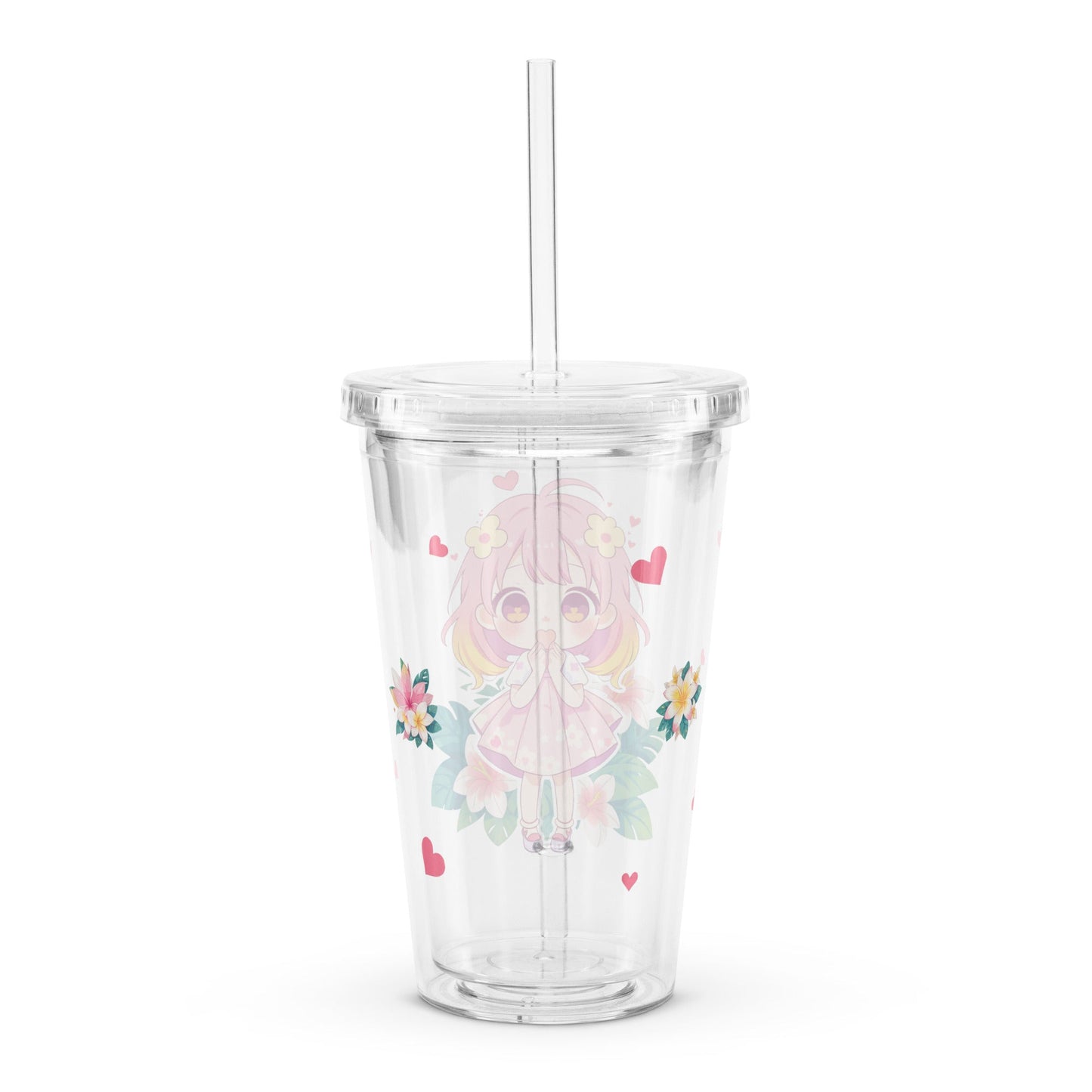 Clear tumbler featuring an adorable chibi character surrounded by tropical flowers and hearts, perfect for summer sipping.