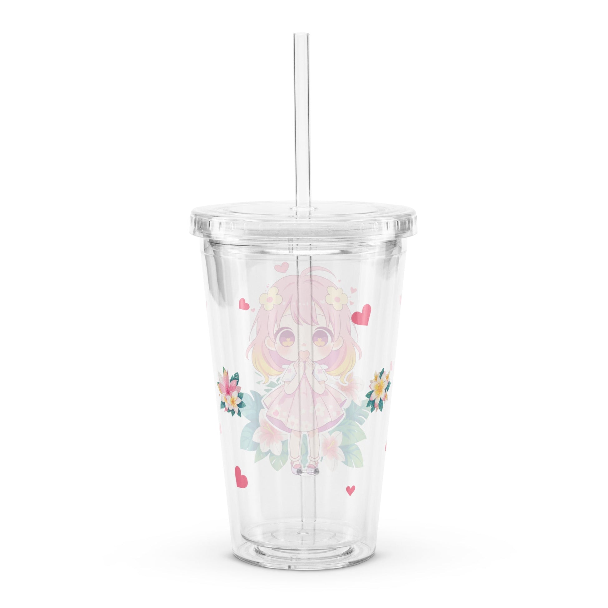 Clear tumbler featuring an adorable chibi character surrounded by tropical flowers and hearts, perfect for summer sipping.