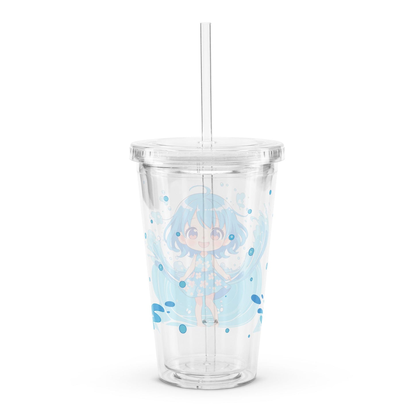 Clear tumbler with kawaii character and tropical water design, featuring a reusable straw for stylish sipping.