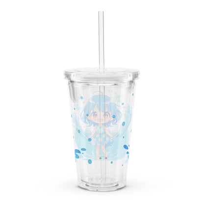 Clear tumbler with kawaii character and tropical water design, featuring a reusable straw for stylish sipping.