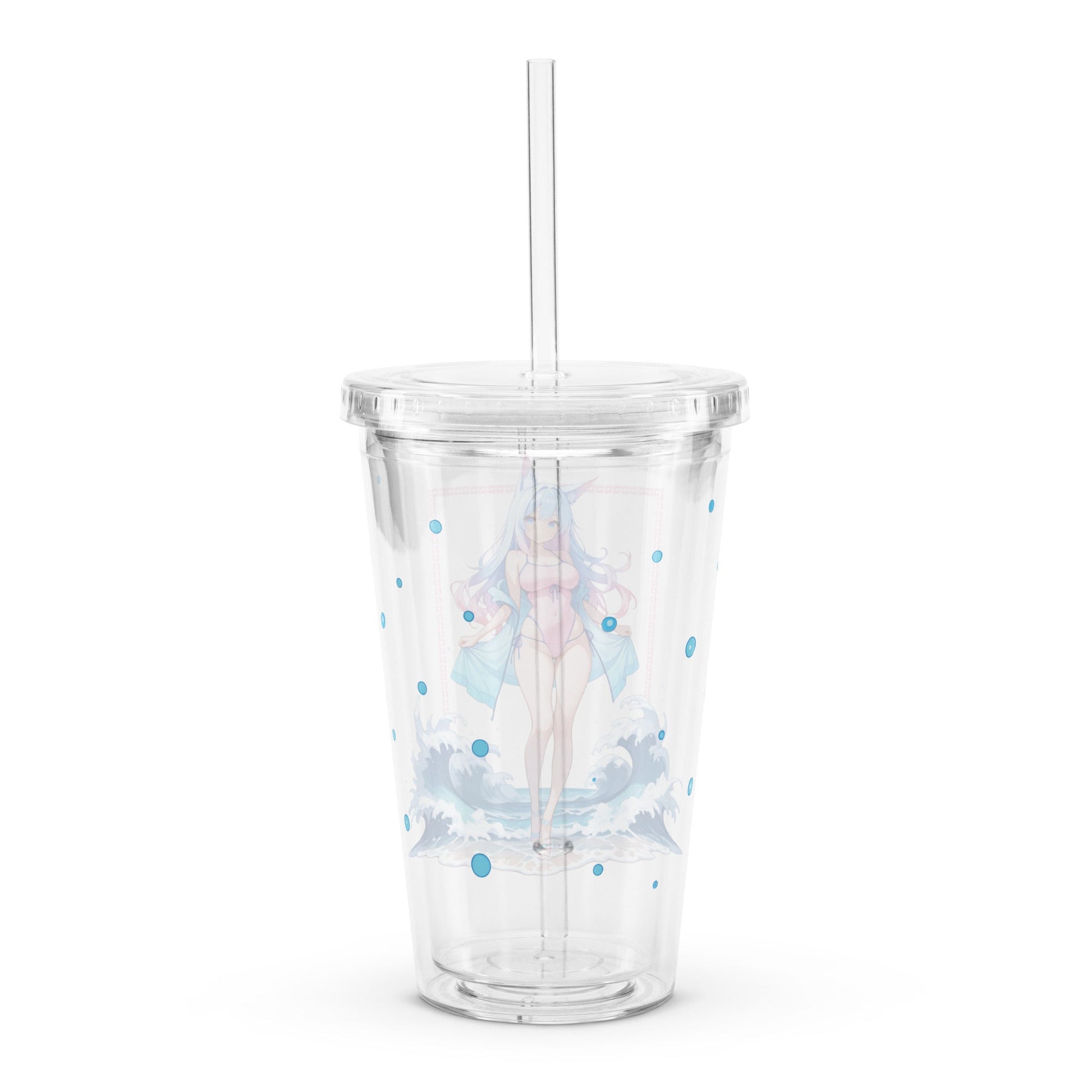 Clear tumbler featuring a whimsical Aqua Fox design with oceanic themes and playful blue accents, perfect for any beverage.