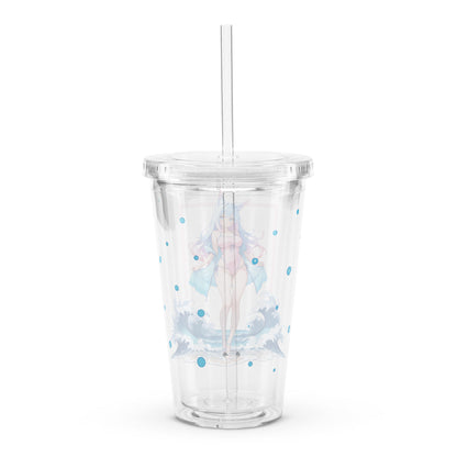 Clear tumbler featuring a whimsical Aqua Fox design with oceanic themes and playful blue accents, perfect for any beverage.