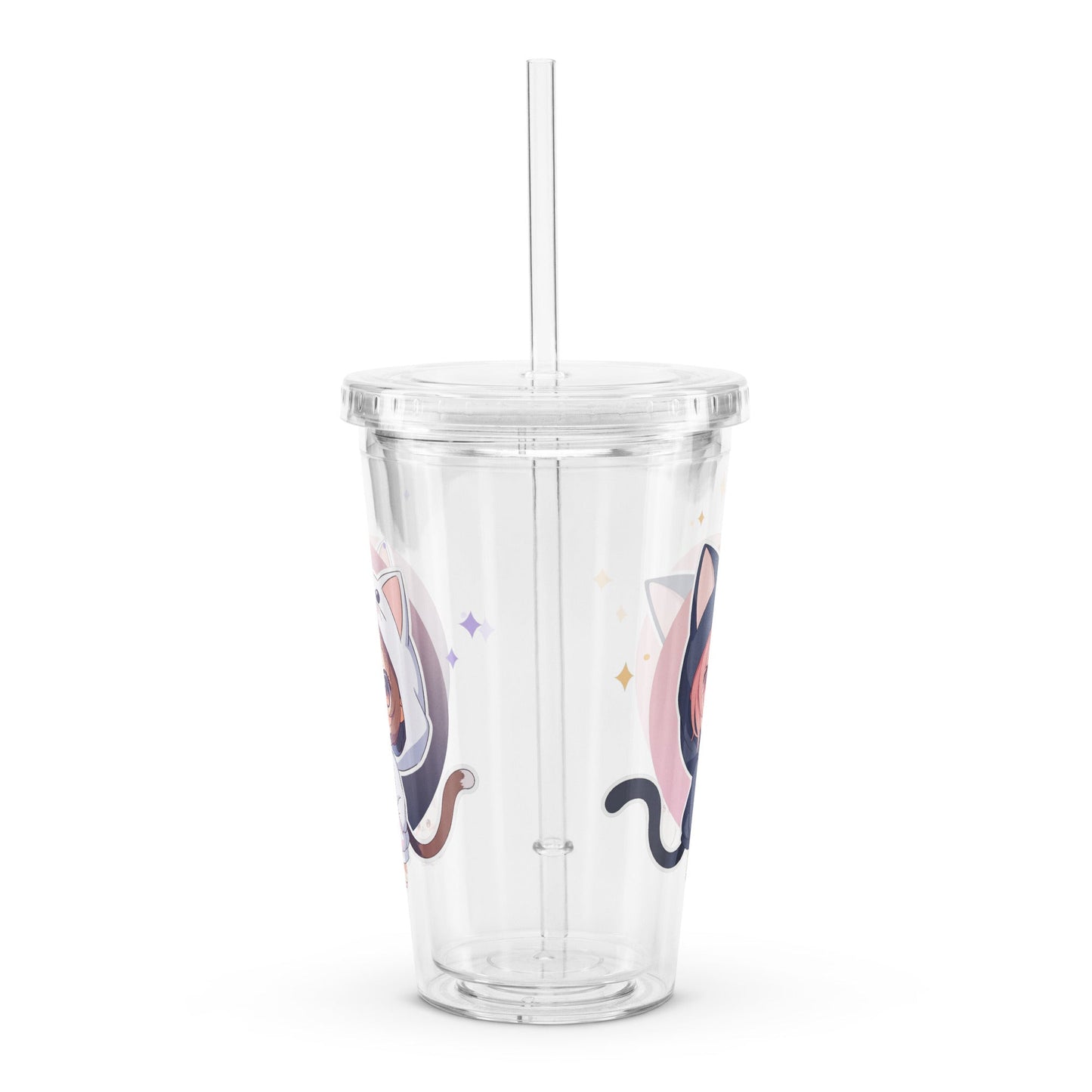 Clear tumbler featuring two charming chibi kitty girls, perfect for refreshing drinks on-the-go.