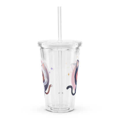 Clear tumbler featuring two charming chibi kitty girls, perfect for refreshing drinks on-the-go.