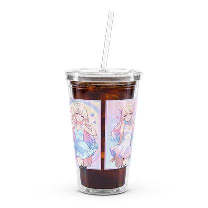 Clear acrylic tumbler featuring vibrant anime K-pop designs of characters Mika and Aiko, perfect for stylish hydration.