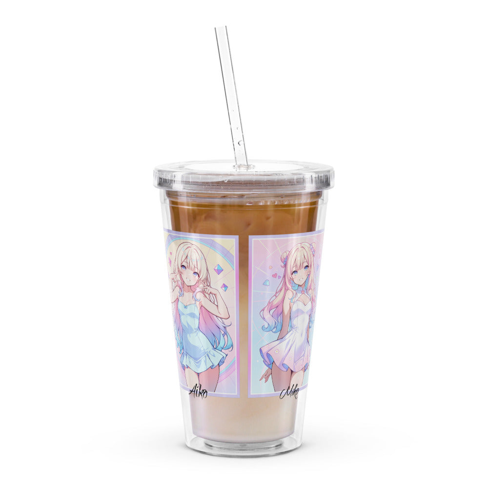 Clear tumbler featuring vibrant anime designs of Aiko and Mika, perfect for stylish hydration on the go.