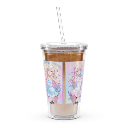 Clear tumbler featuring vibrant anime designs of Aiko and Mika, perfect for stylish hydration on the go.